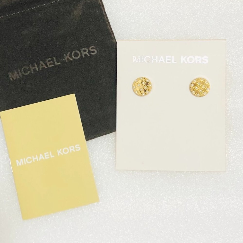 MICHAEL KORS Logo Stud Earrings Pave Crystal Gold Tone MK1 - Picture 3 of 6